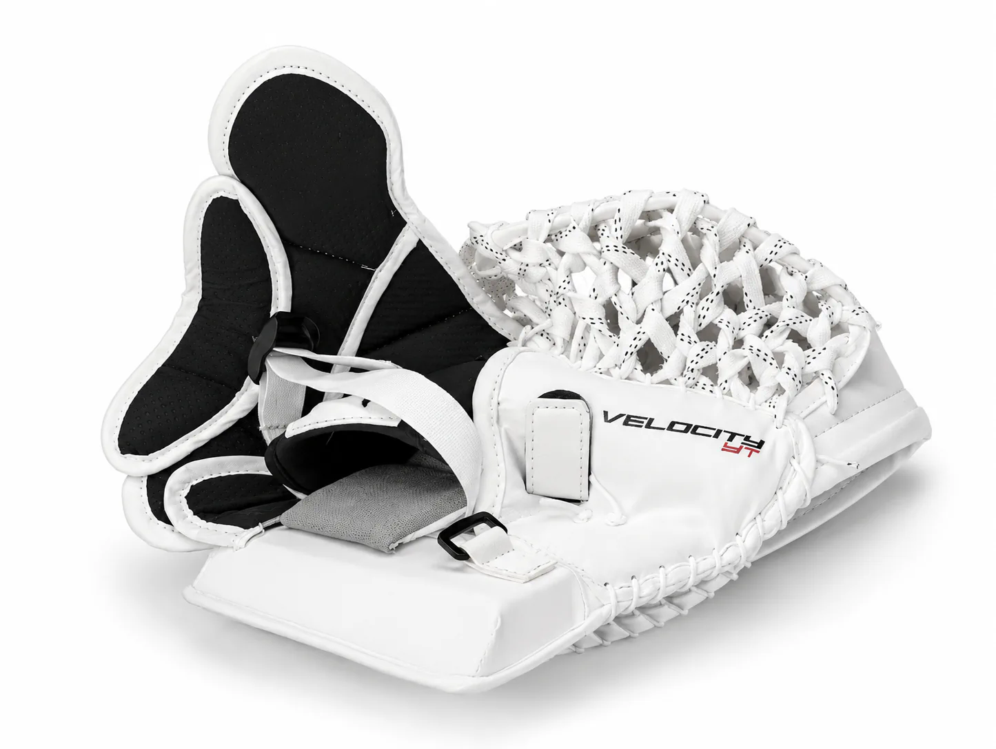Open white goalie glove showing its palm and pocket