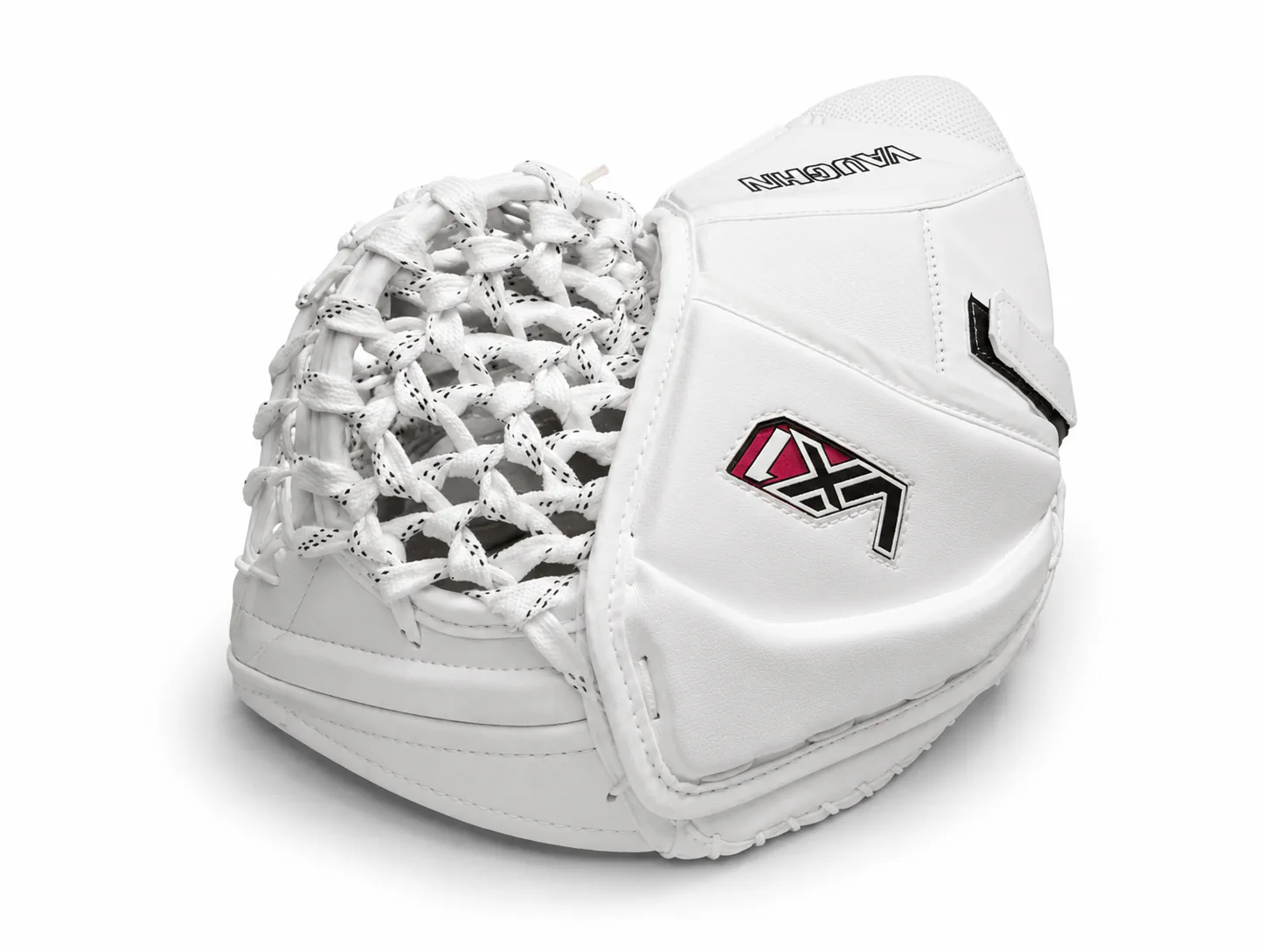 White goalie glove with a white laced pocket
