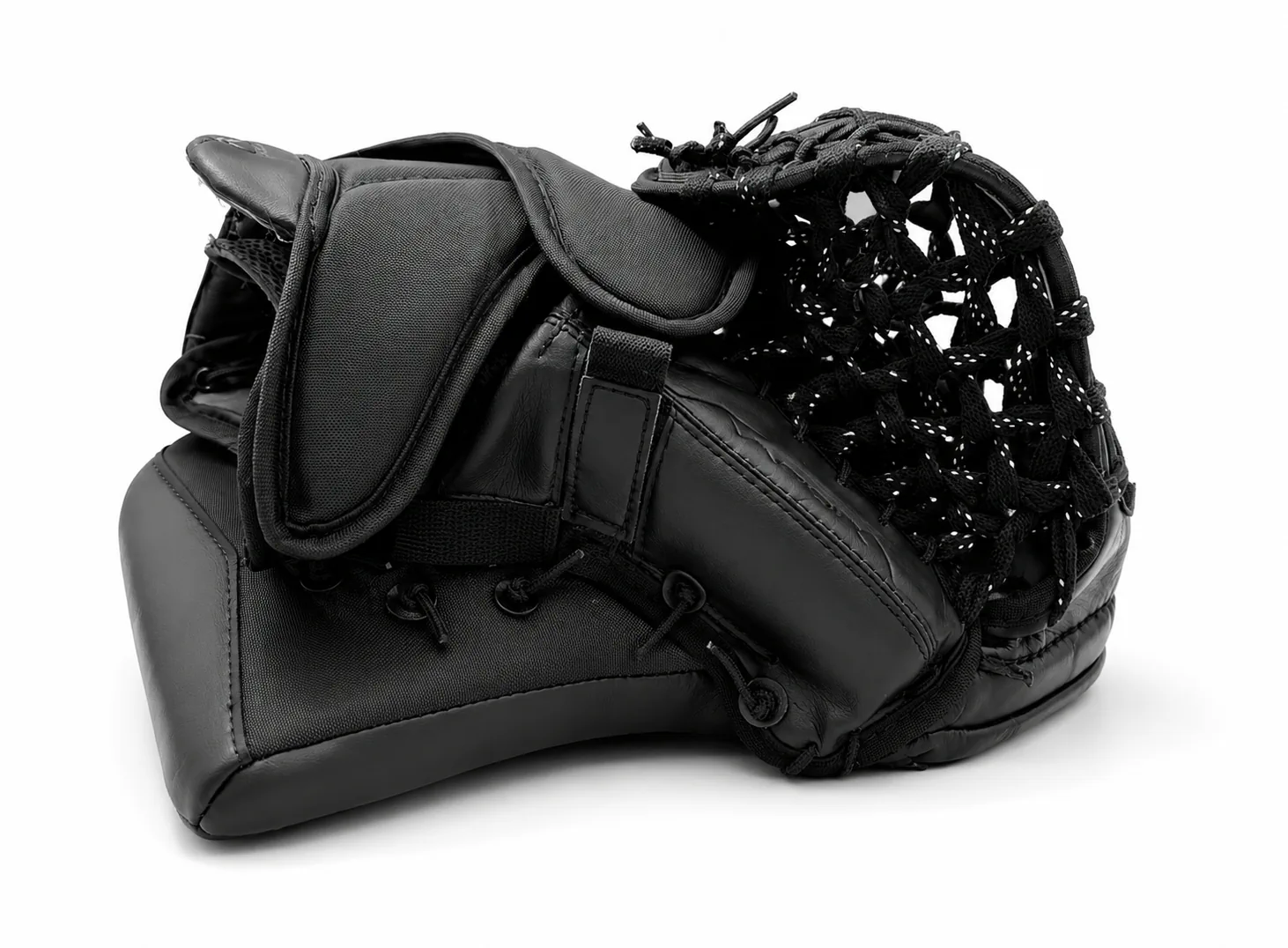 Black goalie glove with a black laced pocket